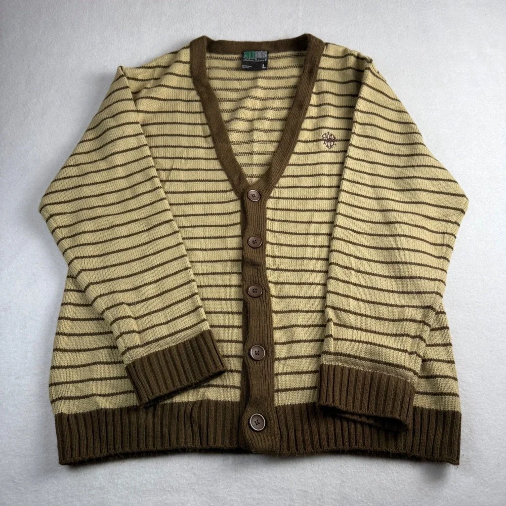 Southpole Mens Striped Knit Cardigan Sweater Brown Tan V-Neck Button Front Large